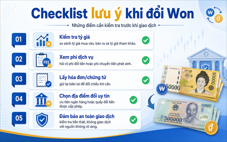 Khi quy đổi Won sang VND, cần phân biệt tỷ giá tham khảo, tỷ giá ngân hàng, phí dịch vụ, mua vào, bán ra và chứng từ giao dịch.